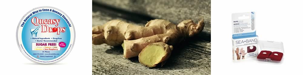 Image shows ginger root, queasy drops and acupressure wristbands to help combat motion sickness.